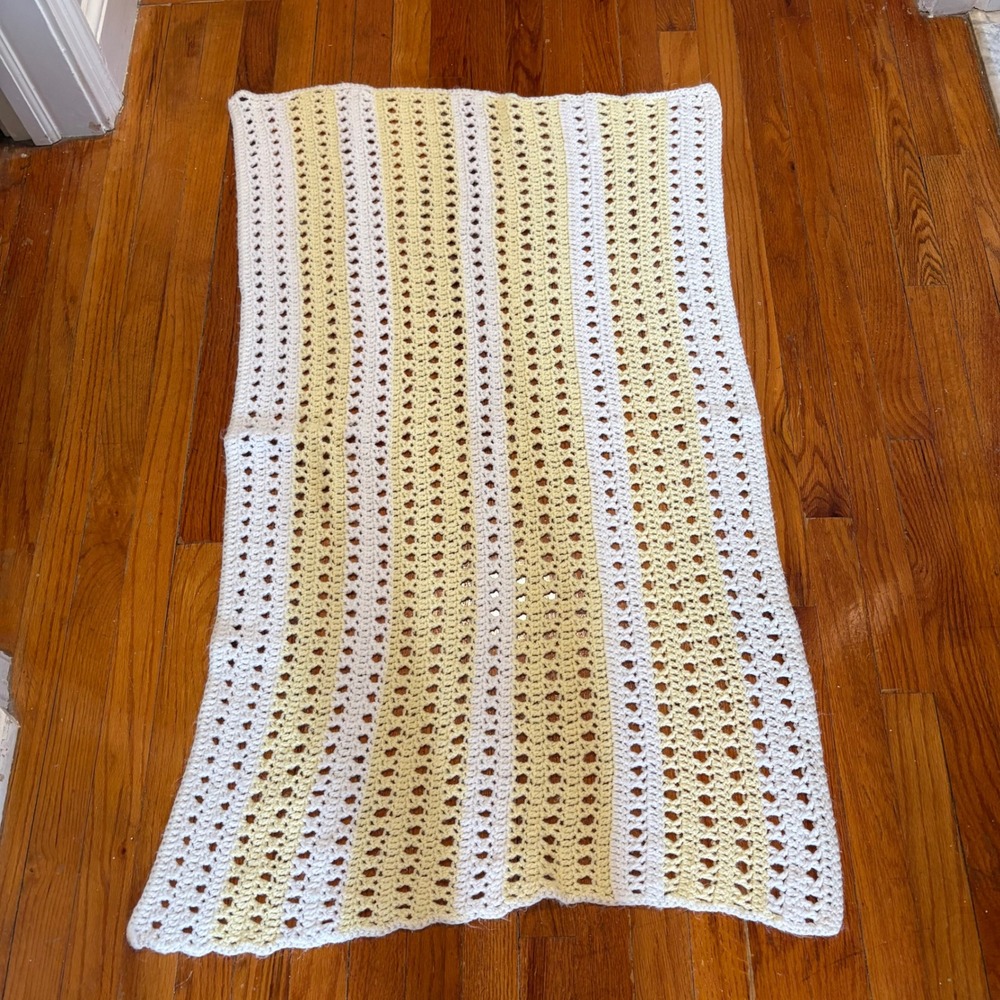 Handmade Baby Blanket Yellow White Striped Crochet Open Knit 43"X26"